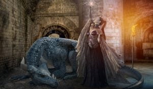 Fantasía de mujer y dragón en castillo medieval. Comprar artículos de Merchandising
