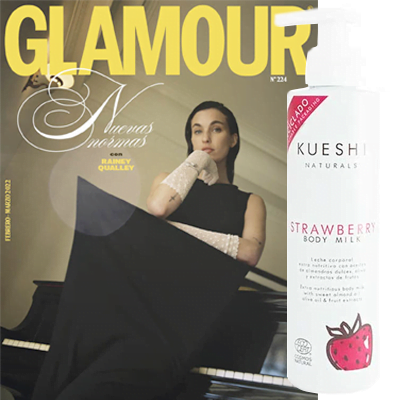 Revista Glamour febrero 2022 regalo Body Milk de Kueshi Naturals strawberry